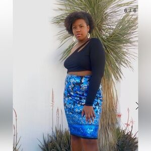 ECI metallic floral paisley pencil bodycon knee length skirt blue silver black L